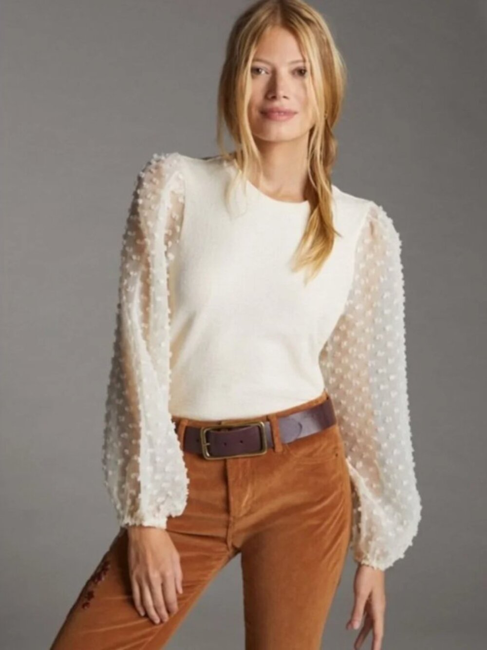 MAEVE By Anthropologie Textured-Sleeve Top Women's Size M Ivory Long Sleeve